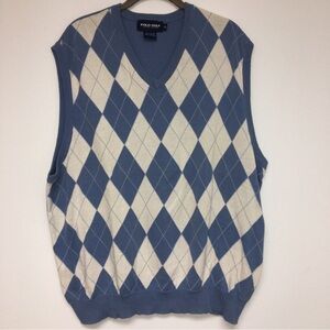 VINTAGE Polo Golf Ralph Lauren Blue White Checkered Sweater Vest 100% Cotton XL‌